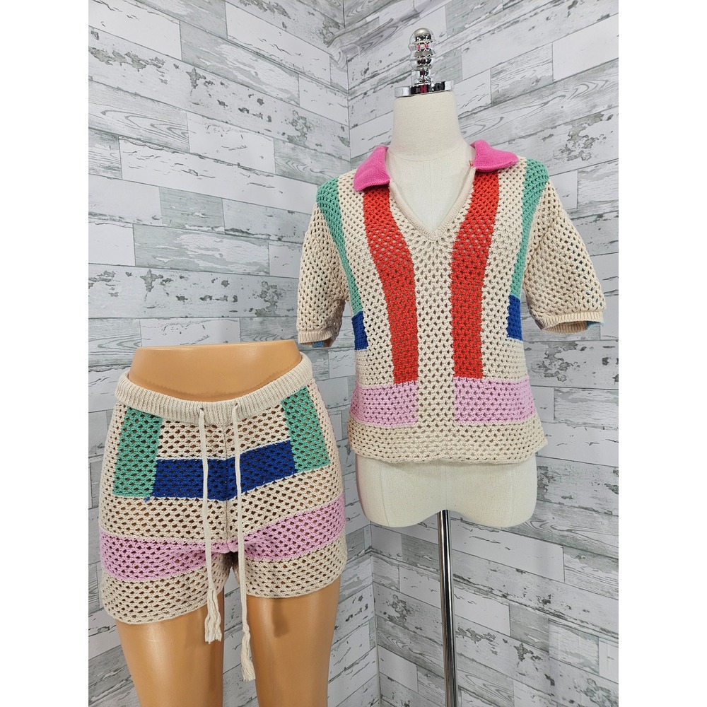 VICI Crochet Two Piece Cover Up Polo Top and Shorts Small Cotton